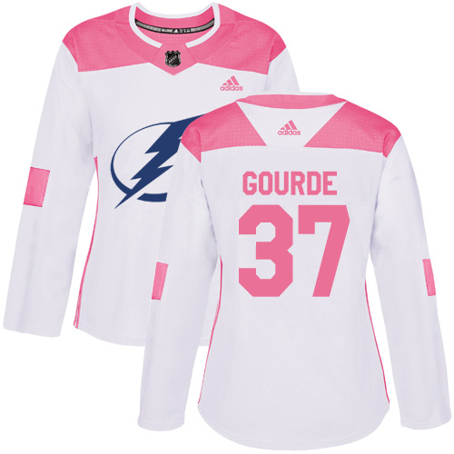 Adidas Tampa Bay Lightning #37 Yanni Gourde White Pink Authentic Fashion Women Stitched NHL Jersey